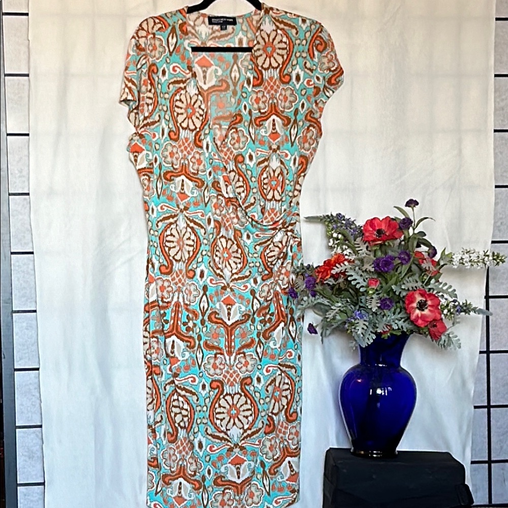 Jones New York Turquoise & Rust Printed Wrap Midi Dress